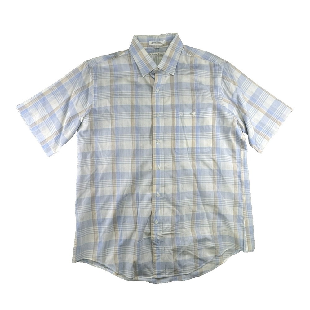 Vintage 90s Christian Dior Men's Short Sleeve Button Up Plaid Shirt Large